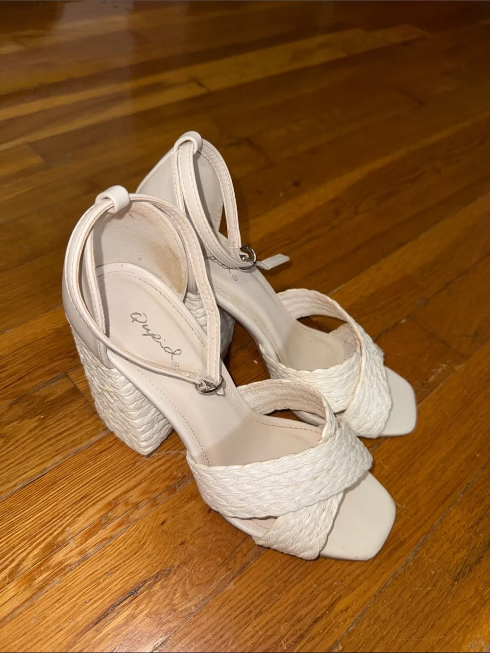 Qupid Cream Braided Wedge Sandals with Ankle Strap